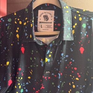 Black and Red Casual Polo Shirt with Artistic Paint Splatter